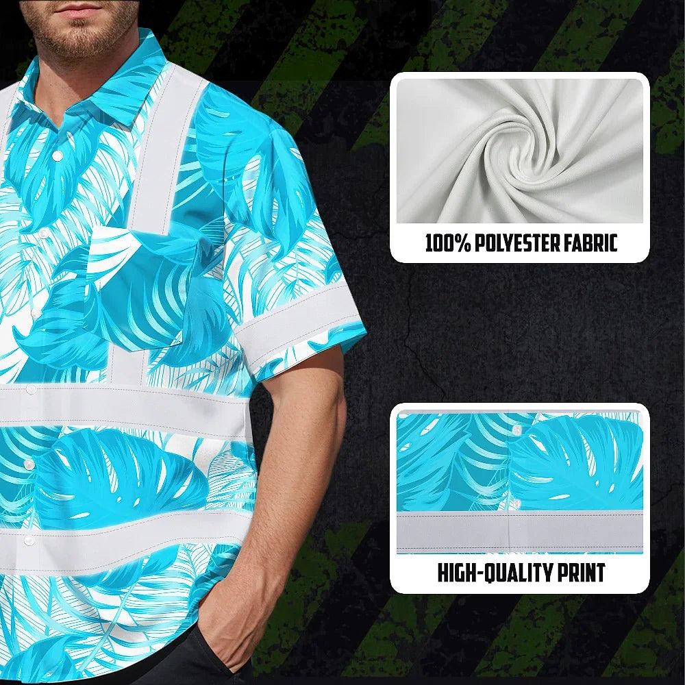 Hi Vis Hawaiian Shirt Reflective Tapes Blue Neon Flowers Custom Name Safety Workwear For Workers, Truckers, Operators
