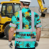 Hi Vis Hawaiian Shirt Reflective Tapes Blue Neon Flowers Custom Name Safety Workwear For Truckers, Operators