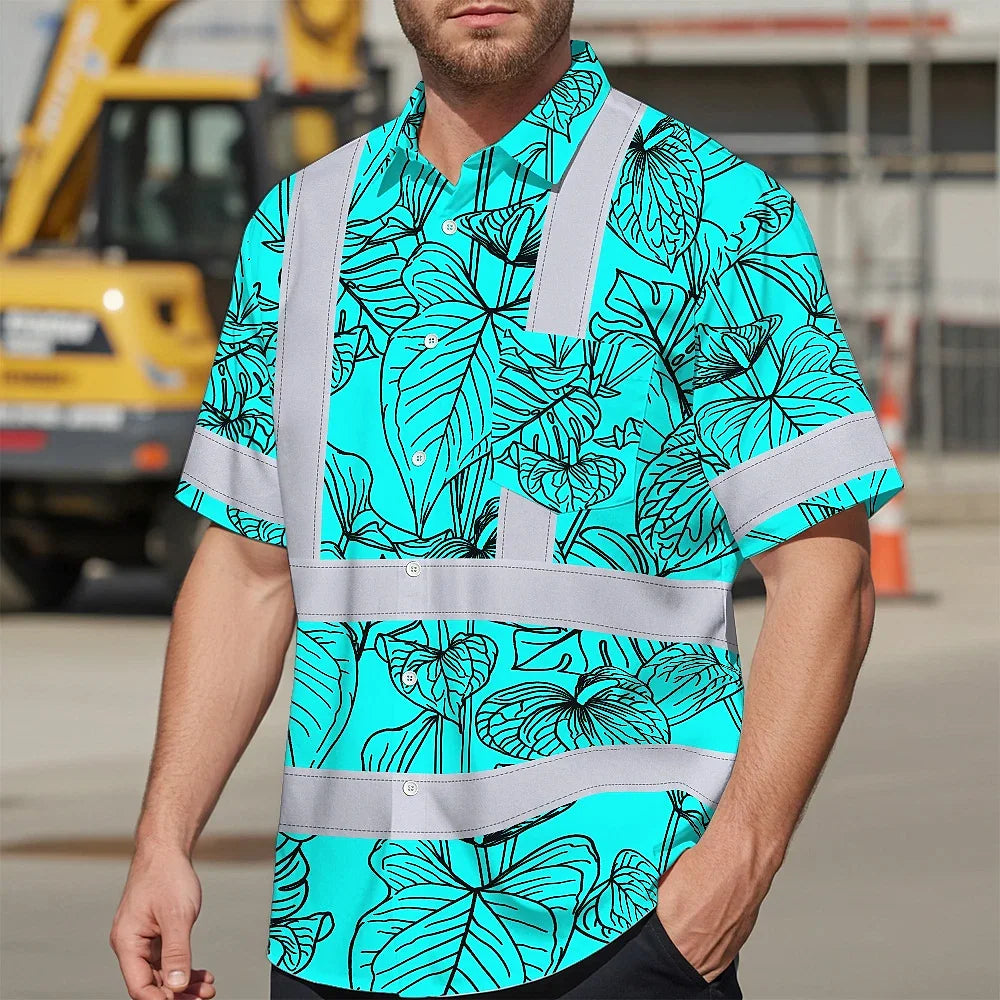 Hi Vis Hawaiian Shirt Reflective Tapes Blue Neon Flowers Custom Name Safety Workwear For Workers, Truckers, Operators