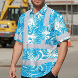 Hi Vis Hawaiian Shirt Reflective Tapes Blue Neon Flowers Custom Name Safety Workwear For Workers, Truckers, Operators