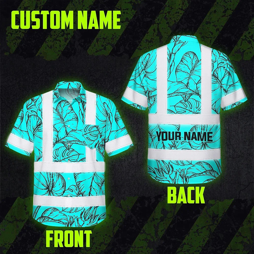 Hi Vis Hawaiian Shirt Reflective Tapes Blue Neon Flowers Custom Name Safety Workwear For Workers, Truckers, Operators