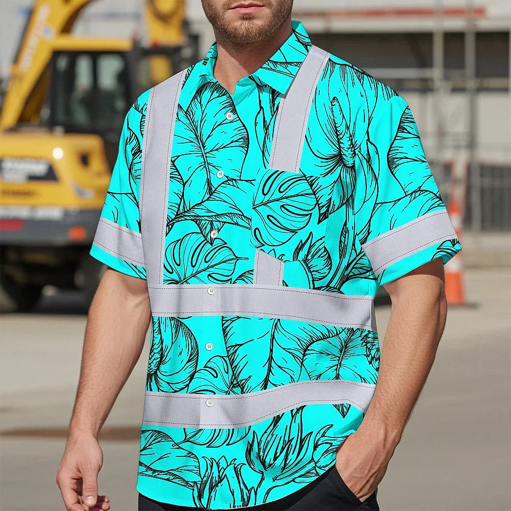 Hi Vis Hawaiian Shirt Reflective Tapes Blue Neon Flowers Custom Name Safety Workwear For Workers, Truckers, Operators