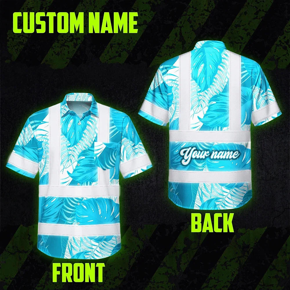 Hi Vis Hawaiian Shirt Reflective Tapes Blue Neon Flowers Custom Name Safety Workwear For Workers, Truckers, Operators