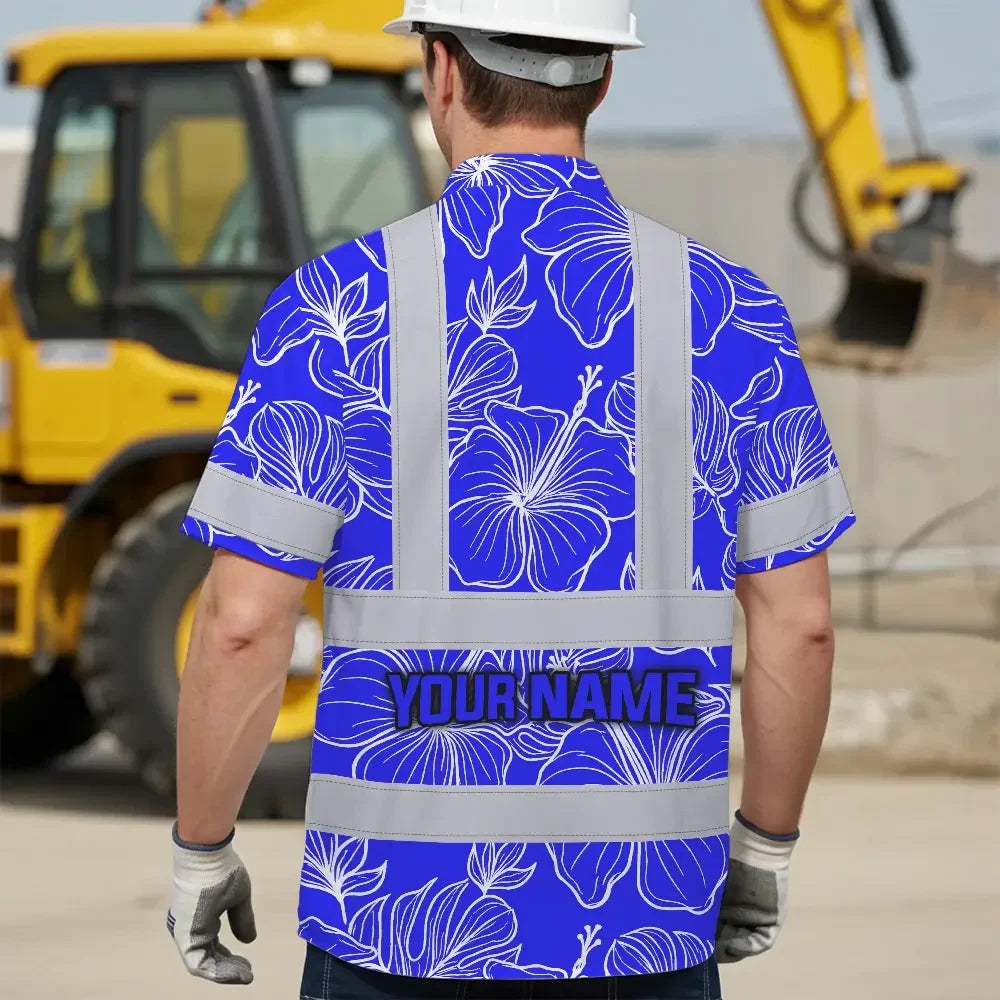 Choose Pack Hi Vis Hawaiian Shirt Reflective Tapes Orange Neon And Yellow Flowers Custom Name Safety Workwear For Workers, Truckers, Operators
