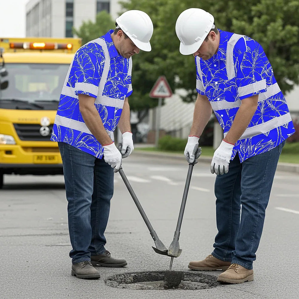 Hi Vis Hawaiian Shirt Reflective Tapes Blue Neon Flowers Custom Name Safety Workwear For Workers, Truckers, Operators