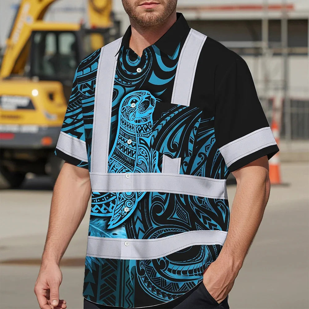 Hi Vis Hawaiian Shirt Reflective Tapes Blue Neon Flowers Monk Seal Custom Name Safety Workwear For Workers, Truckers, Operators, Company
