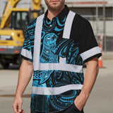 Hi Vis Hawaiian Shirt Reflective Tapes Blue Neon Flowers Monk Seal Custom Name Safety Workwear For Workers, Truckers, Operators, Company