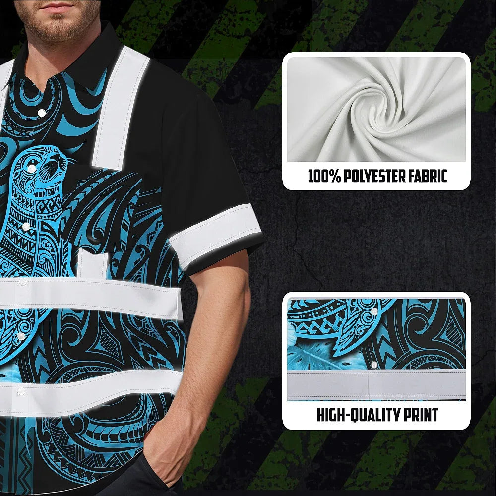 Hi Vis Hawaiian Shirt Reflective Tapes Blue Neon Flowers Monk Seal Custom Name Safety Workwear For Workers, Truckers, Operators, Company