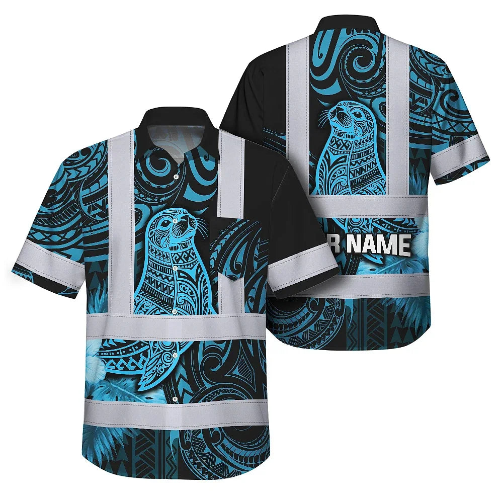 Hi Vis Hawaiian Shirt Reflective Tapes Blue Neon Flowers Monk Seal Custom Name Safety Workwear For Workers, Truckers, Operators, Company