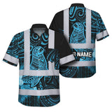 Hi Vis Hawaiian Shirt Reflective Tapes Blue Neon Flowers Monk Seal Custom Name Safety Workwear For Workers, Truckers, Operators, Company
