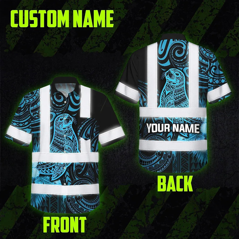 Hi Vis Hawaiian Shirt Reflective Tapes Blue Neon Flowers Monk Seal Custom Name Safety Workwear For Workers, Truckers, Operators, Company