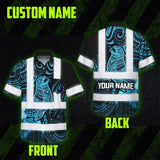 Hi Vis Hawaiian Shirt Reflective Tapes Blue Neon Flowers Monk Seal Custom Name Safety Workwear For Workers, Truckers, Operators, Company