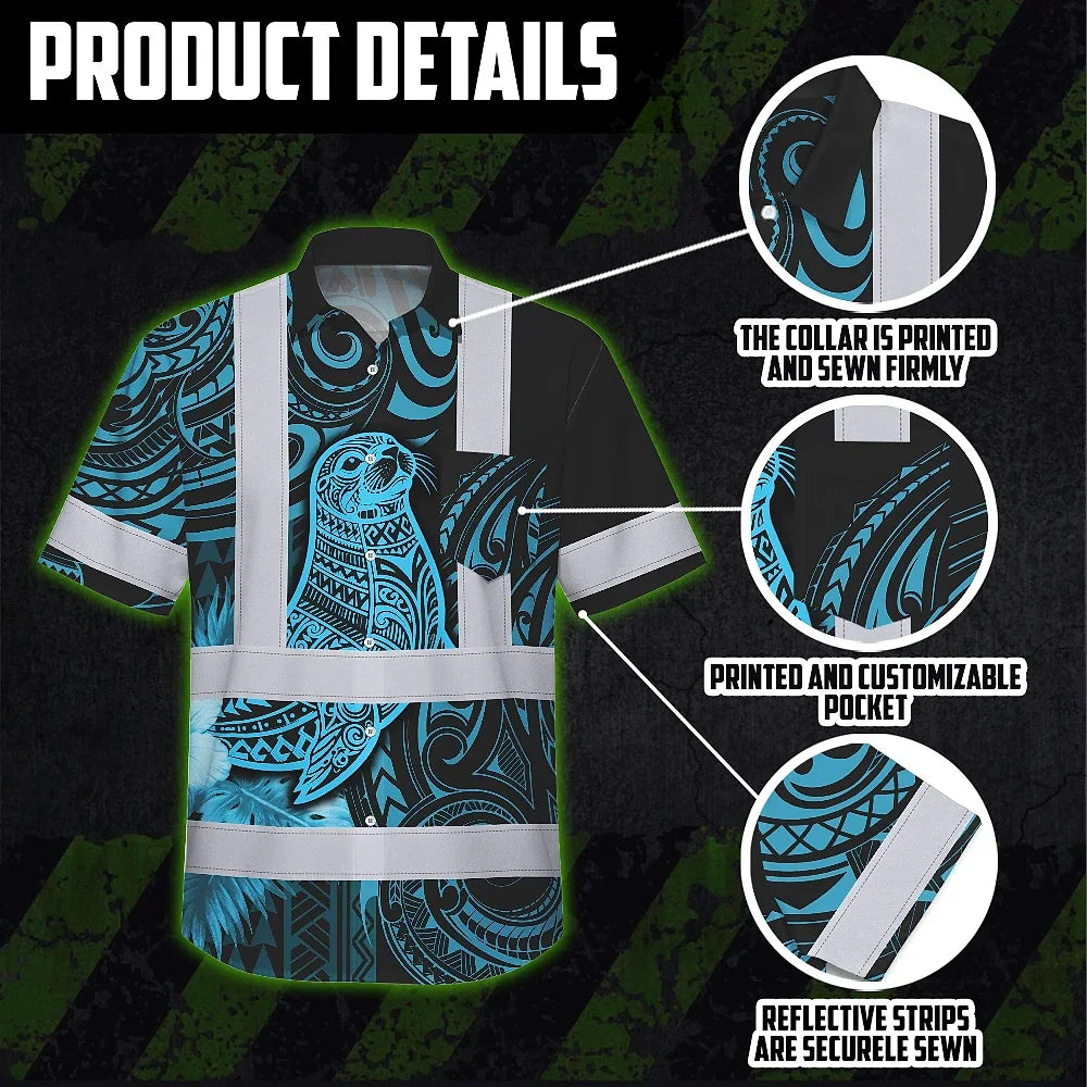 Hi Vis Hawaiian Shirt Reflective Tapes Blue Neon Flowers Monk Seal Custom Name Safety Workwear For Workers, Truckers, Operators, Company