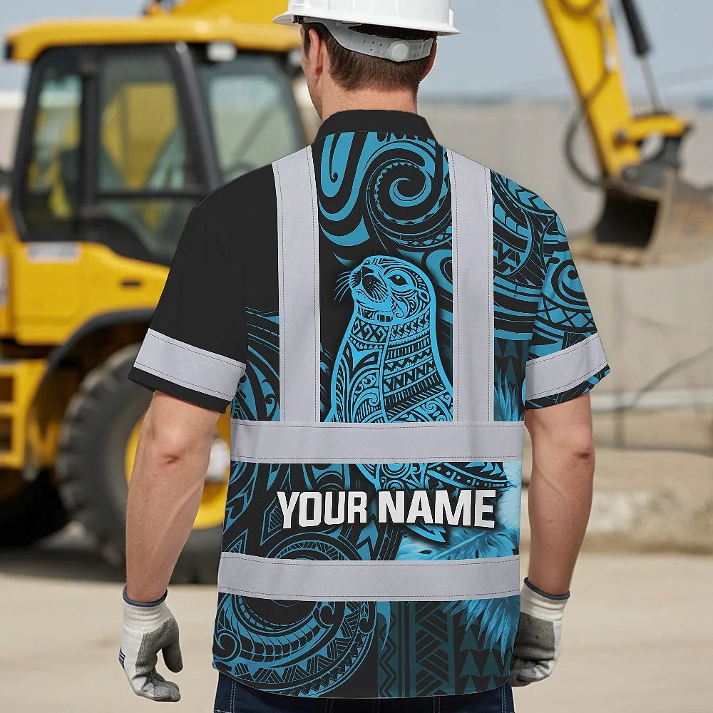 Hi Vis Hawaiian Shirt Reflective Tapes Blue Neon Flowers Monk Seal Custom Name Safety Workwear For Workers, Truckers, Operators, Company