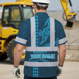 Hi Vis Hawaiian Shirt Reflective Tapes Blue Neon Flowers Whale Custom Name Safety Workwear For Workers, Truckers, Operators, Company