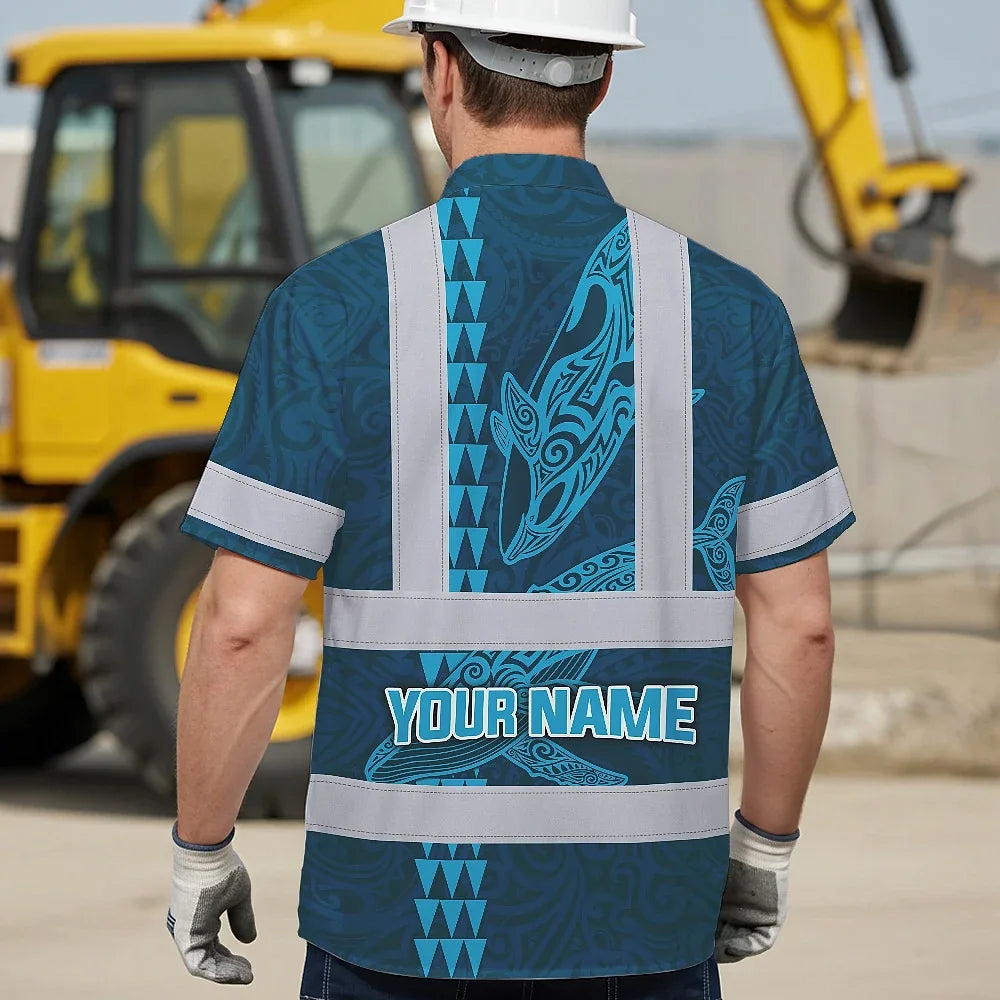 Hi Vis Hawaiian Shirt Reflective Tapes Blue Neon Flowers Whale Custom Name Safety Workwear For Workers, Truckers, Operators, Company