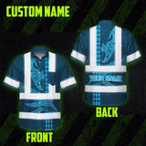 Hi Vis Hawaiian Shirt Reflective Tapes Blue Neon Flowers Whale Custom Name Safety Workwear For Workers, Truckers, Operators, Company