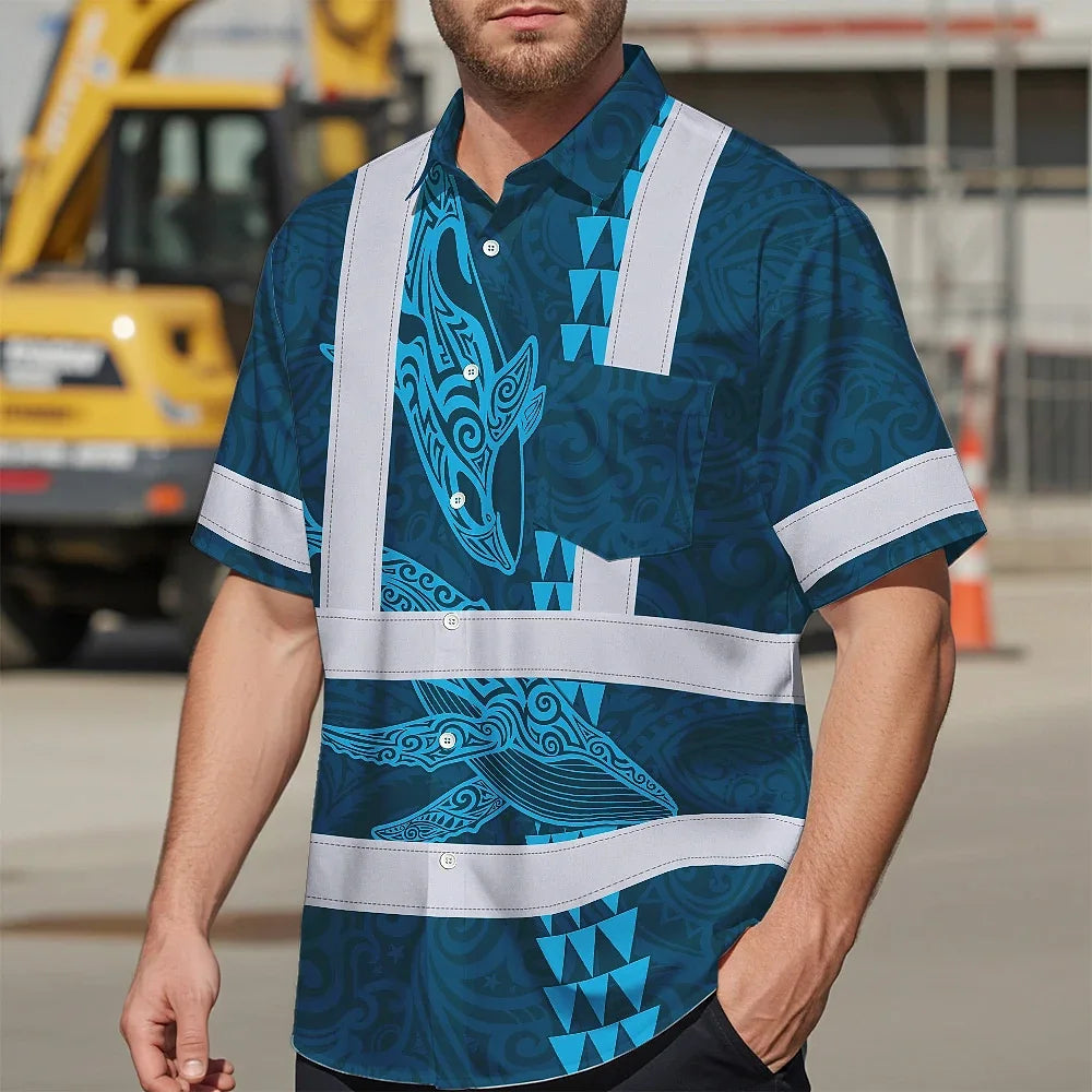 Hi Vis Hawaiian Shirt Reflective Tapes Blue Neon Flowers Whale Custom Name Safety Workwear For Workers, Truckers, Operators, Company