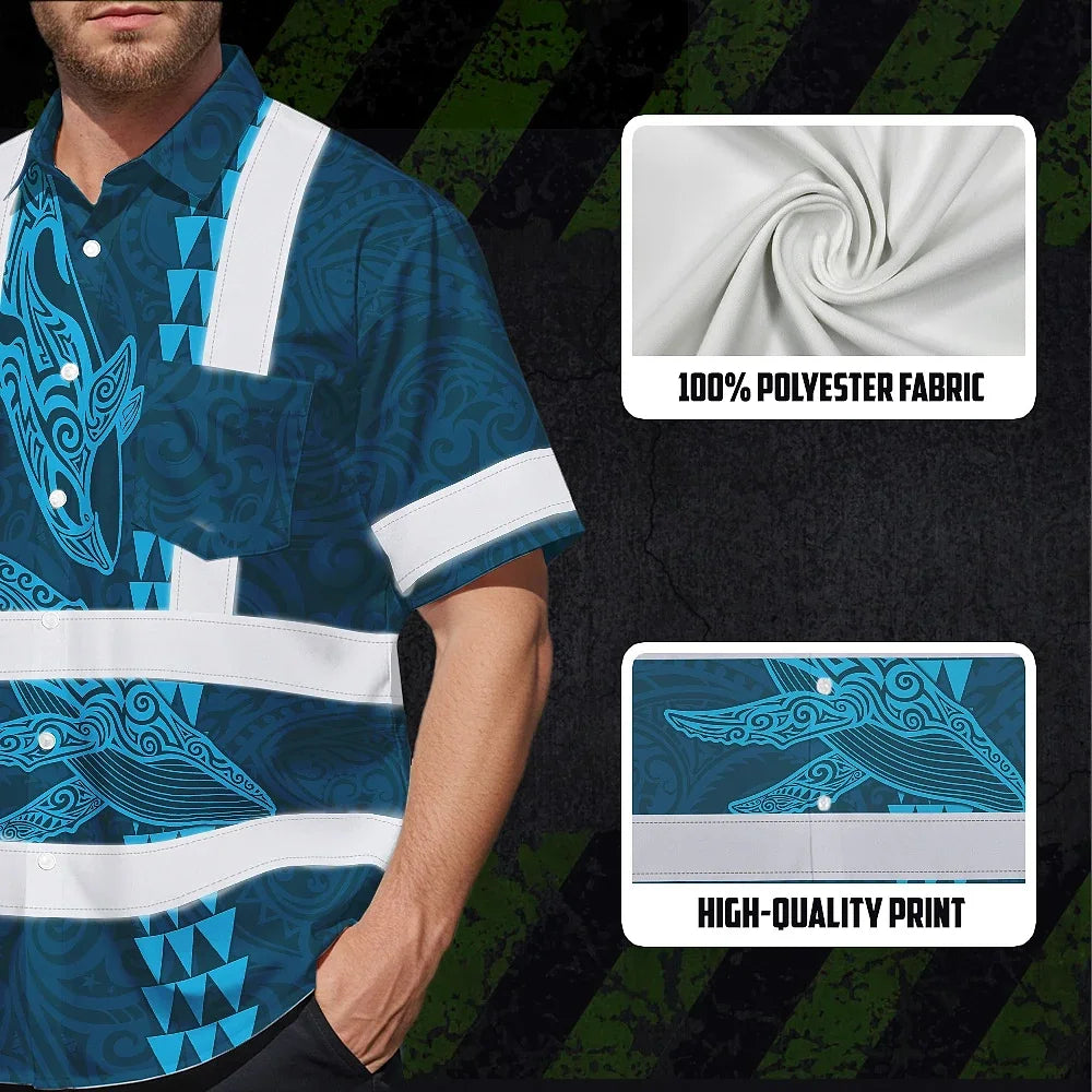 Hi Vis Hawaiian Shirt Reflective Tapes Blue Neon Flowers Whale Custom Name Safety Workwear For Workers, Truckers, Operators, Company