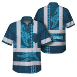 Hi Vis Hawaiian Shirt Reflective Tapes Blue Neon Flowers Whale Custom Name Safety Workwear For Workers, Truckers, Operators, Company