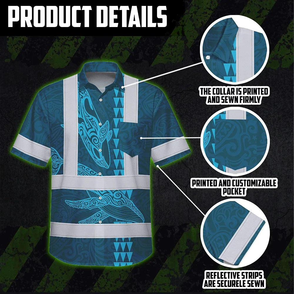 Hi Vis Hawaiian Shirt Reflective Tapes Blue Neon Flowers Whale Custom Name Safety Workwear For Workers, Truckers, Operators, Company