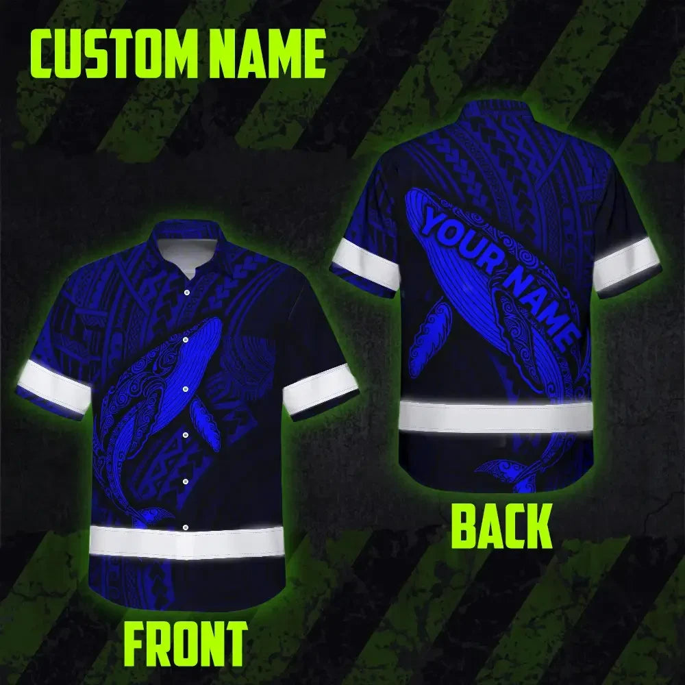 Hi Vis Hawaiian Shirt Reflective Tapes Blue Neon Hawaii Whale Custom Name