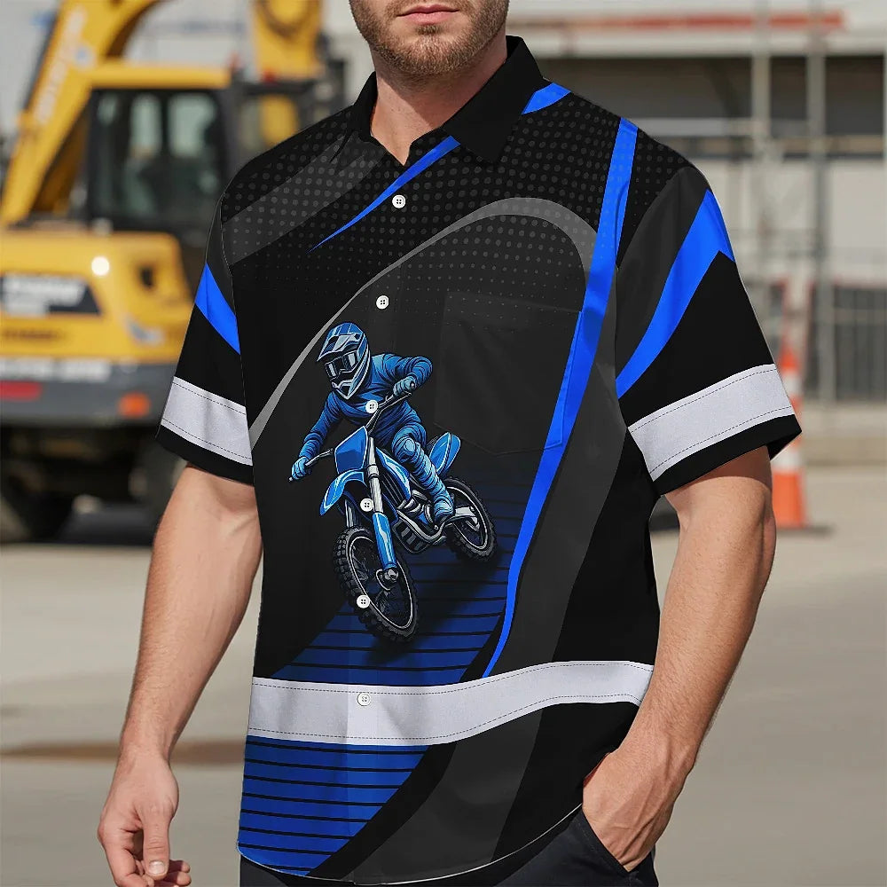 Hi Vis Hawaiian Shirt Reflective Tapes Blue Neon Motobike Custom Name Safety Workwear For Bikers, Workers, Truckers, Operators
