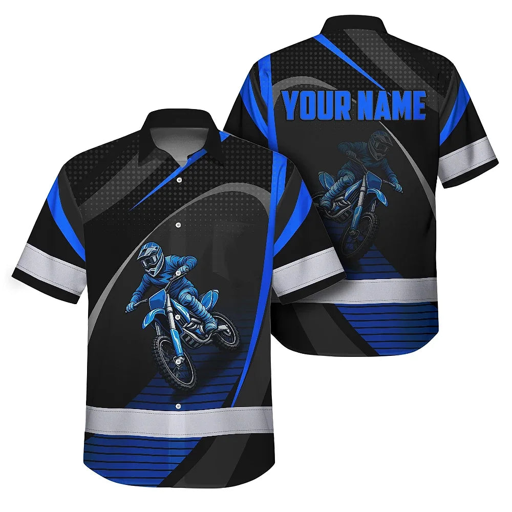 Hi Vis Hawaiian Shirt Reflective Tapes Blue Neon Motobike Custom Name Safety Workwear For Bikers, Workers, Truckers, Operators