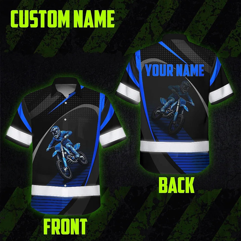 Hi Vis Hawaiian Shirt Reflective Tapes Blue Neon Motobike Custom Name Safety Workwear For Bikers, Workers, Truckers, Operators