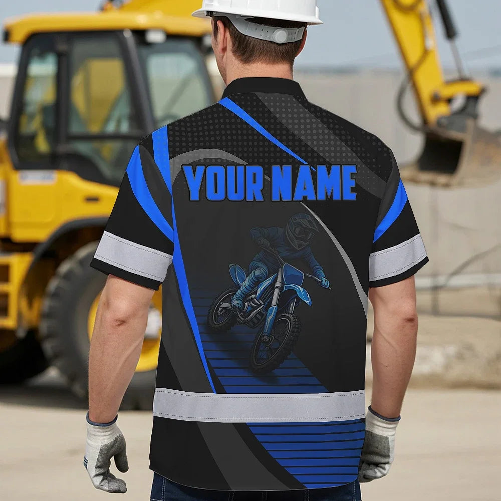 Hi Vis Hawaiian Shirt Reflective Tapes Blue Neon Motobike Custom Name Safety Workwear For Bikers, Workers, Truckers, Operators