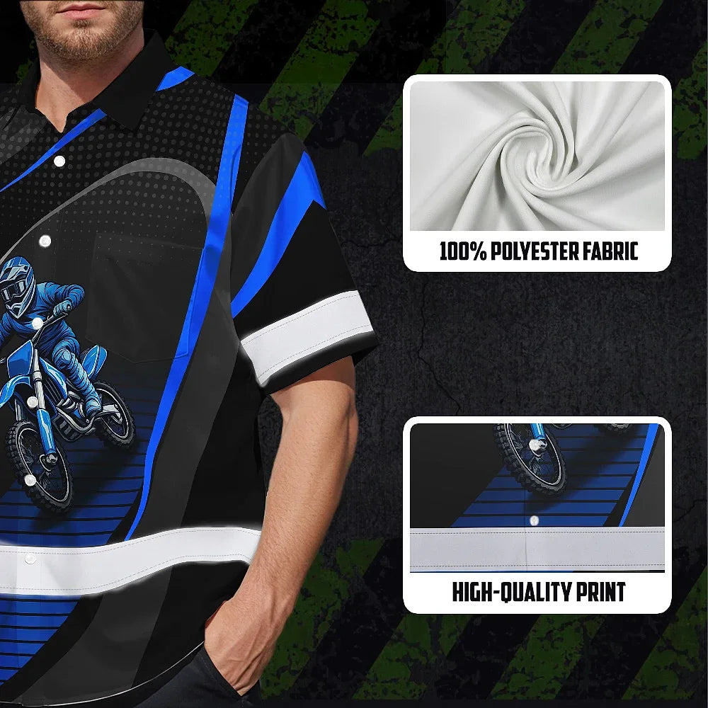 Hi Vis Hawaiian Shirt Reflective Tapes Blue Neon Motobike Custom Name Safety Workwear For Bikers, Workers, Truckers, Operators