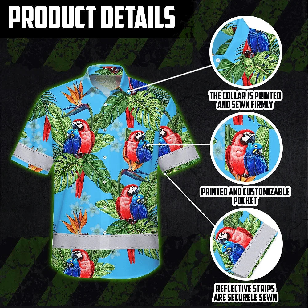 Hi Vis Hawaiian Shirt Reflective Tapes Blue Neon Parrot Hawaii Custom Name Safety Workwear For Workers, Truckers, Operators