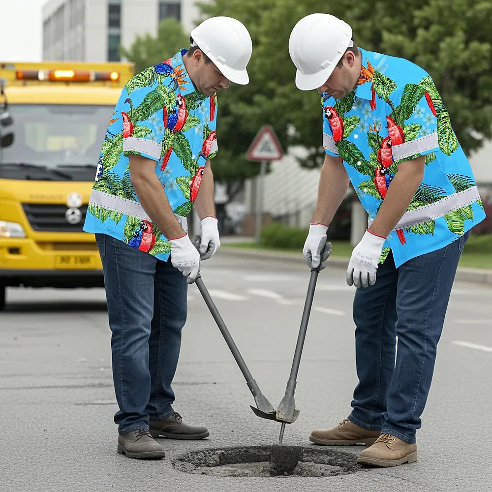 Hi Vis Hawaiian Shirt Reflective Tapes Blue Neon Parrot Hawaii Custom Name Safety Workwear For Workers, Truckers, Operators