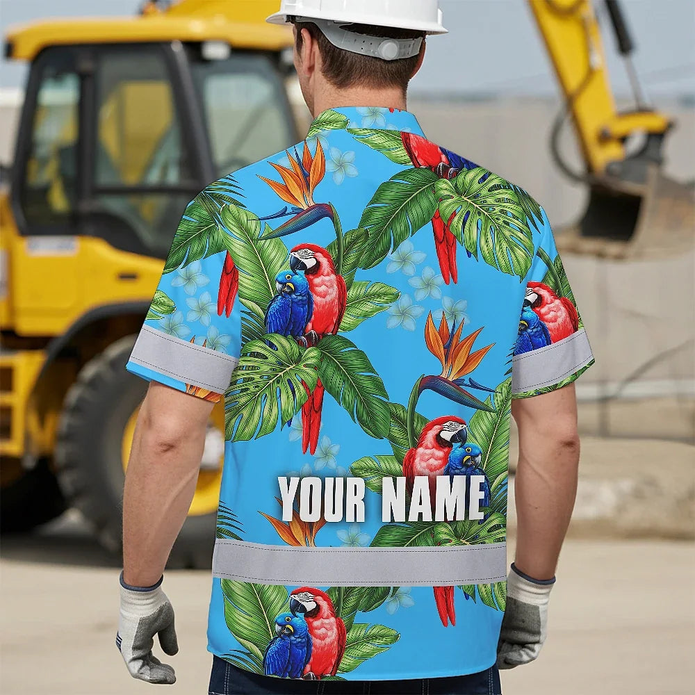 Hi Vis Hawaiian Shirt Reflective Tapes Blue Neon Parrot Hawaii Custom Name Safety Workwear For Workers, Truckers, Operators