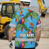 Hi Vis Hawaiian Shirt Reflective Tapes Blue Neon Parrot Hawaii Custom Name Safety Workwear For Workers, Truckers, Operators