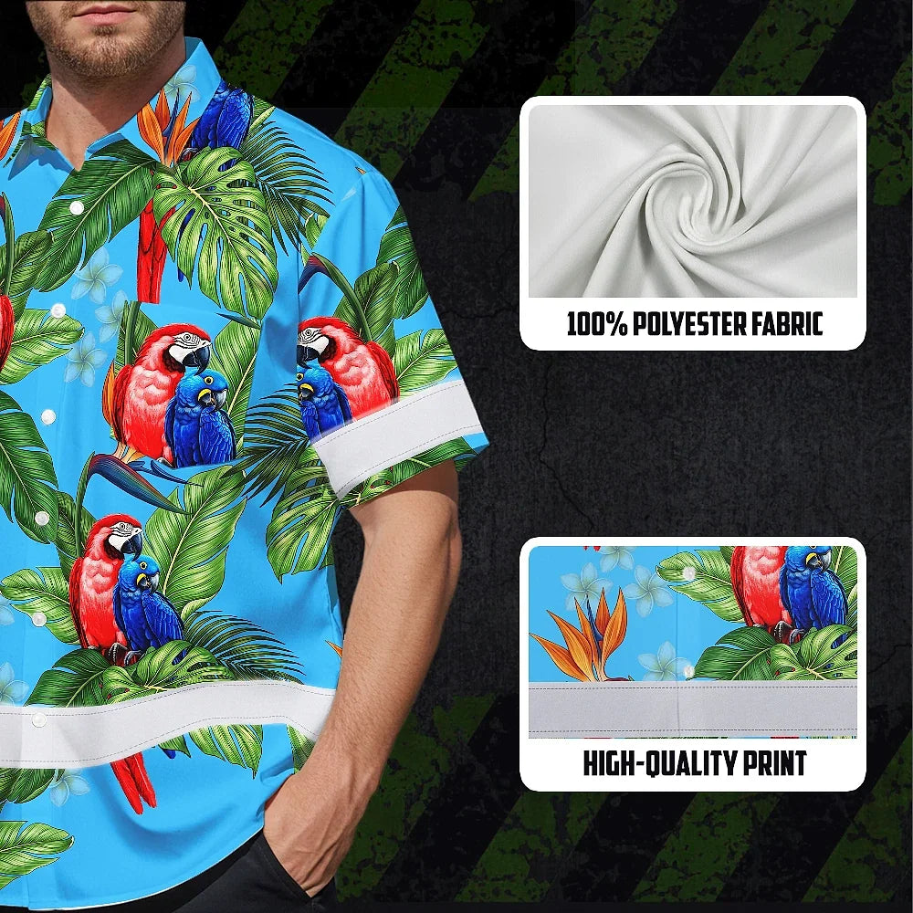 Hi Vis Hawaiian Shirt Reflective Tapes Blue Neon Parrot Hawaii Custom Name Safety Workwear For Workers, Truckers, Operators