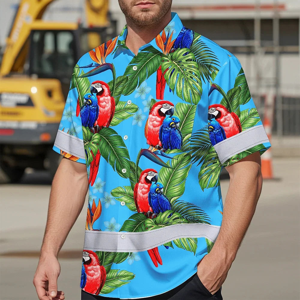 Hi Vis Hawaiian Shirt Reflective Tapes Blue Neon Parrot Hawaii Custom Name Safety Workwear For Workers, Truckers, Operators