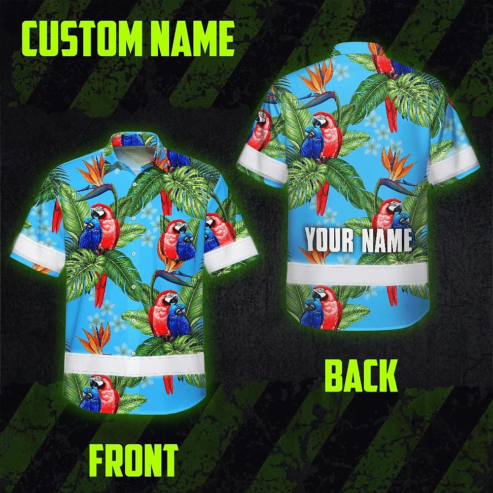 Hi Vis Hawaiian Shirt Reflective Tapes Blue Neon Parrot Hawaii Custom Name Safety Workwear For Workers, Truckers, Operators