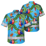 Hi Vis Hawaiian Shirt Reflective Tapes Blue Neon Parrot Hawaii Custom Name Safety Workwear For Workers, Truckers, Operators