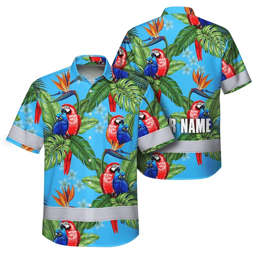 Hi Vis Hawaiian Shirt Reflective Tapes Blue Neon Parrot Hawaii Custom Name Safety Workwear For Workers, Truckers, Operators