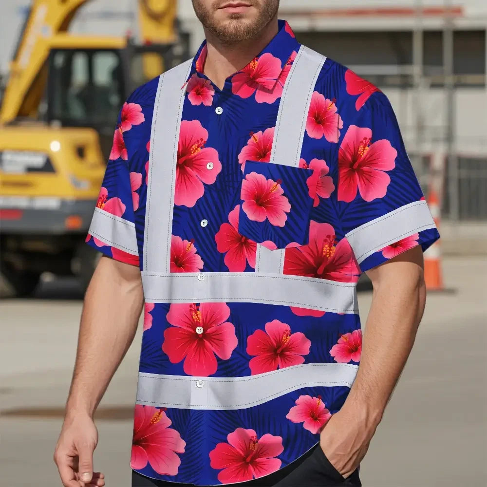 Hi Vis Hawaiian Shirt Reflective Tapes Blue Neon Pink Flowers Custom Name