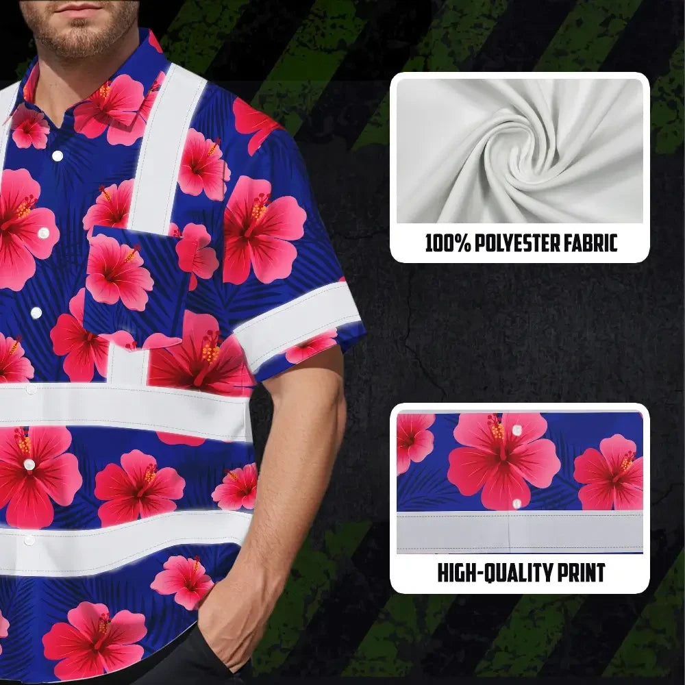 Hi Vis Hawaiian Shirt Reflective Tapes Blue Neon Pink Flowers Custom Name