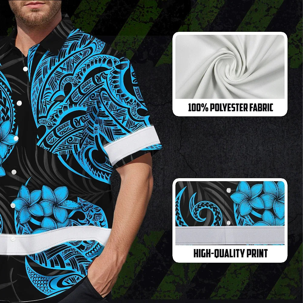 Hi Vis Hawaiian Shirt Reflective Tapes Blue Neon Polynesian Custom Name Safety Workwear For Workers, Truckers, Operators