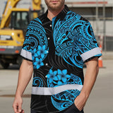 Hi Vis Hawaiian Shirt Reflective Tapes Blue Neon Polynesian Custom Name Safety Workwear For Workers, Truckers, Operators