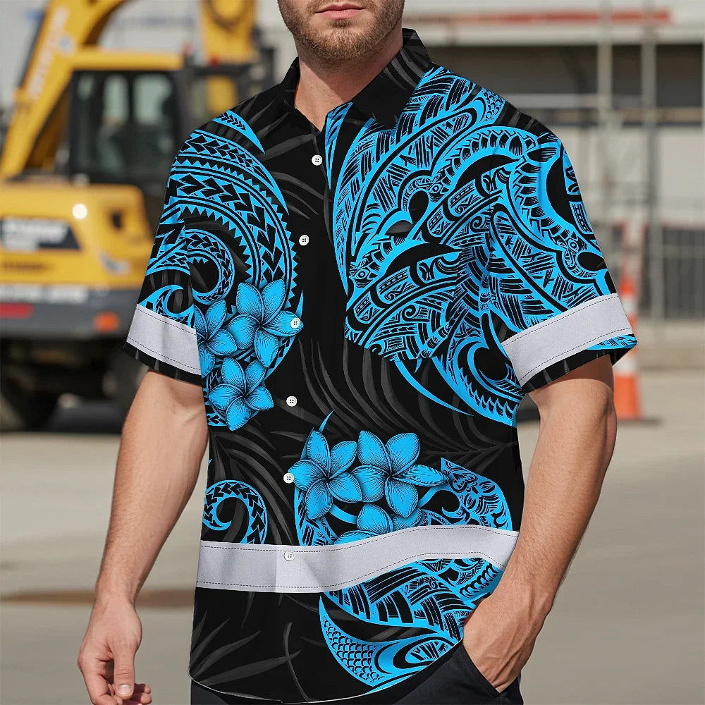 Hi Vis Hawaiian Shirt Reflective Tapes Blue Neon Polynesian Custom Name Safety Workwear For Workers, Truckers, Operators