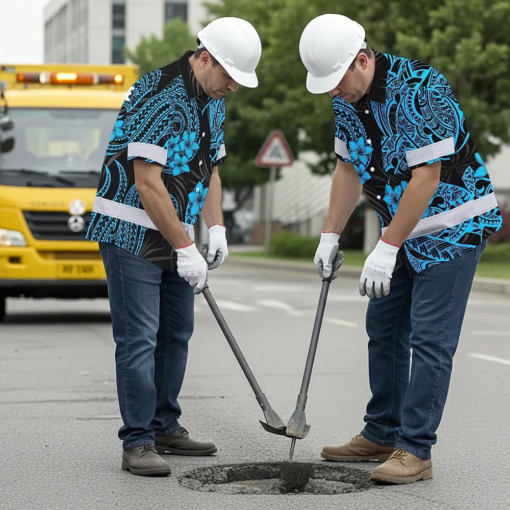Hi Vis Hawaiian Shirt Reflective Tapes Blue Neon Polynesian Custom Name Safety Workwear For Workers, Truckers, Operators