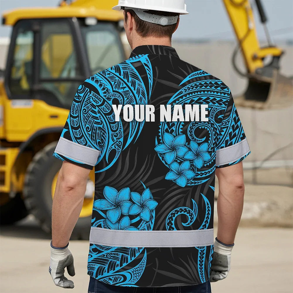 Hi Vis Hawaiian Shirt Reflective Tapes Blue Neon Polynesian Custom Name Safety Workwear For Workers, Truckers, Operators