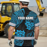 Hi Vis Hawaiian Shirt Reflective Tapes Blue Neon Polynesian Custom Name Safety Workwear For Workers, Truckers, Operators