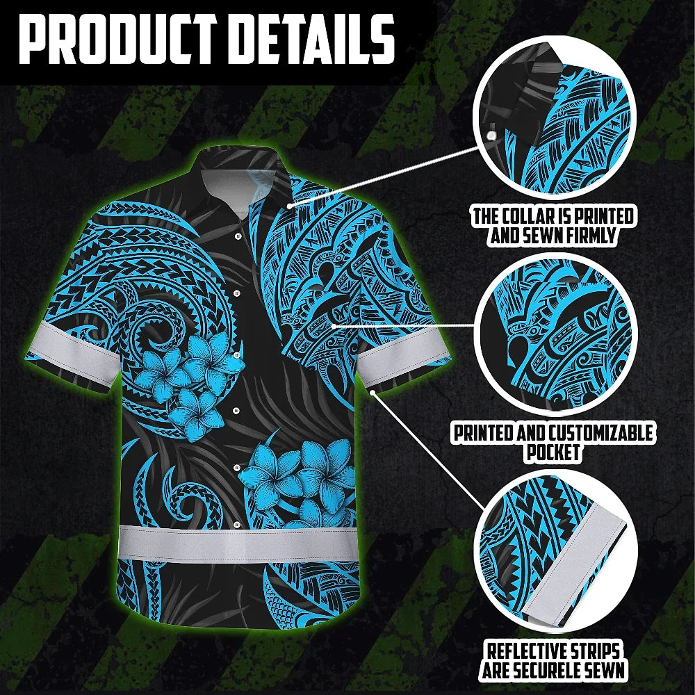 Hi Vis Hawaiian Shirt Reflective Tapes Blue Neon Polynesian Custom Name Safety Workwear For Workers, Truckers, Operators