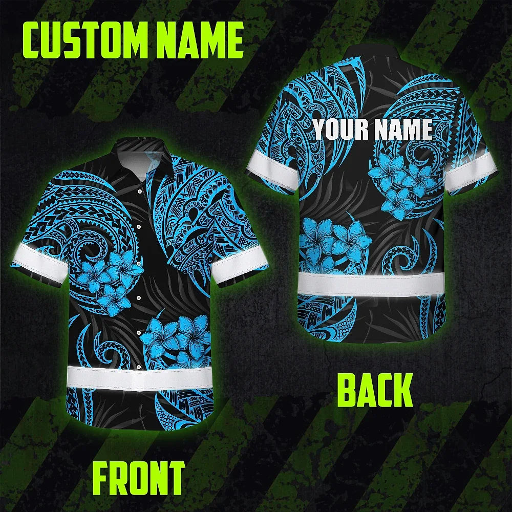 Hi Vis Hawaiian Shirt Reflective Tapes Blue Neon Polynesian Custom Name Safety Workwear For Workers, Truckers, Operators